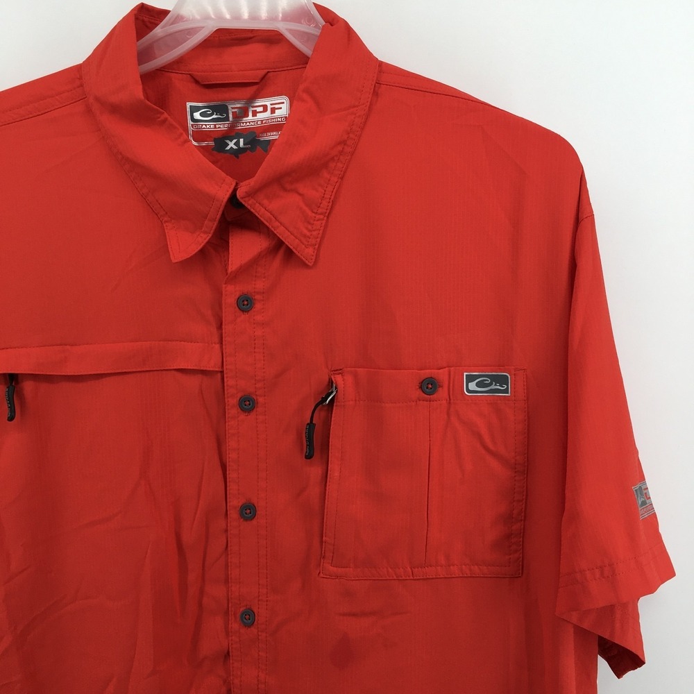 Drake‎ Waterfowl DPF Fishing Shirt Mens XL Red Short Sleeve Ripstop Button Up